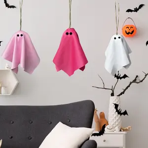 A set of pink and cute ghost pendants, creative, cute and exquisite Halloween atmosphere creation small items, home living room, garden and courtyard decoration pendants, handcrafted fabric artworks