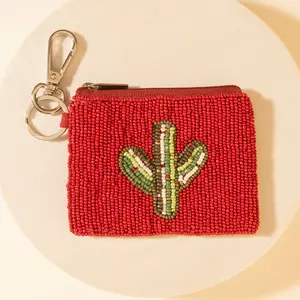 Myra Sonoran Cacti Bag Charm - Red Desert-Turquoise, Hand-Stitched Glass Beads, Polyester, 6.5 Inches Length, Heavy-Duty Silver Clasp, Secure Coins, Free-Spirited Cowgirl Accessory, Lightweight Luggage & Mini Bag Keychain Charms & Twillies