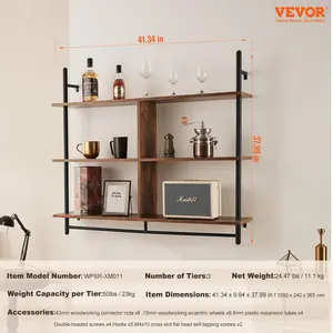 VEVOR Industrial Pipe Shelf, 3 Tier 41.5x9.84in, Wall-Mount Floating Rustic Wood Shelves Bracket Display Bookshelf, Storage Rack Sundries Holder for Kitchen Bedroom Bathroom Living Room, Black