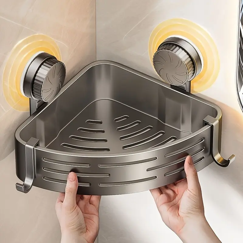 Space-Saving Suction Cup Bathroom Shelf Set - No Drilling Required, Strong Triangular Rack with Hooks, Suitable for Shower and Toilet Walls/Tiles, Multi-Functional Storage Organizer