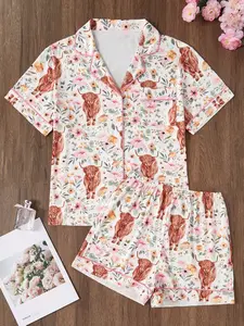 Youth Sleepwear Set, Eye-Catching Cow Print Top and Shorts, Casual Fitted Knit Pajamas, All-Season Home Wear, Short Sleeve