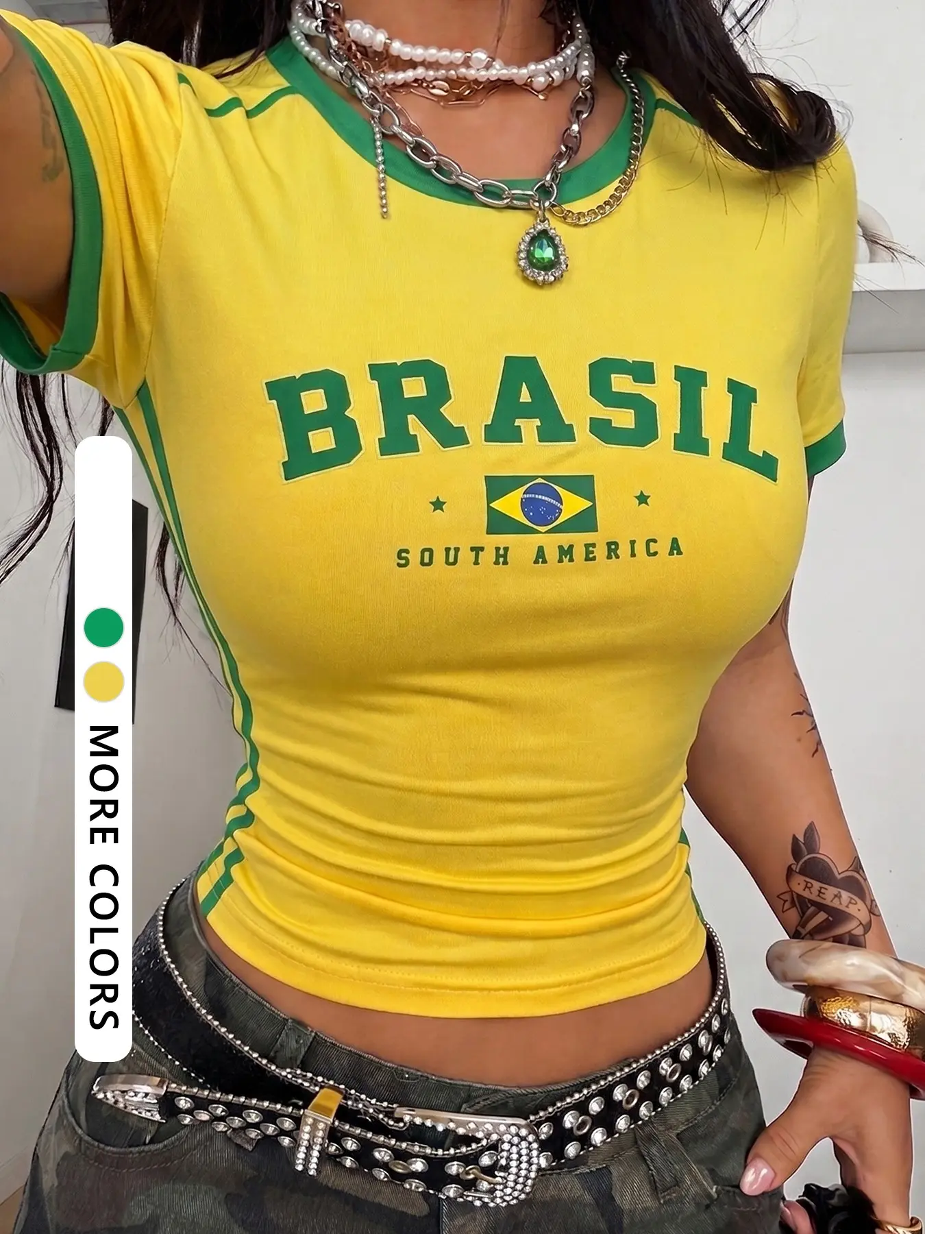 Women's Round Neck Casual Sporty Side Striped Contrast T-Shirt Top, Brazil Color, Flag Print, All Seasons, Y2K Style, Summer, Streetwear