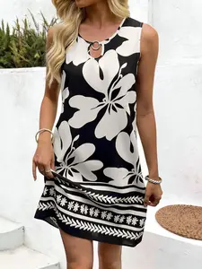 Loose Fit Casual Boho Dress, Asymmetrical Neck Digital Plant Print, Sleeveless Bottom Hem, Conceals Belly Fat, Comfortable and Stylish