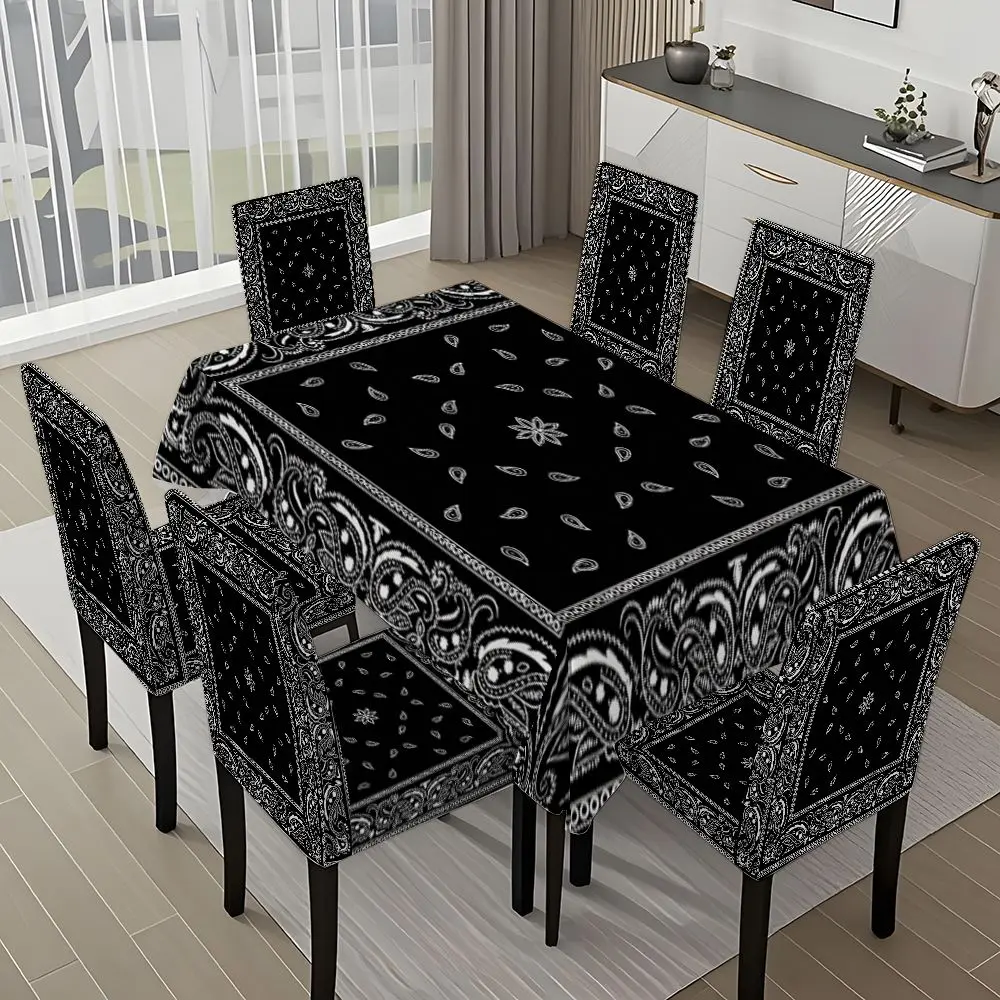 5/7-piece 2D Flat Printing Black and White Geometric Patterns Tablecloth and Chair Cover Set, Chair Covers For Dining Chairs, for dining table and chair decoration, ideal for home, holiday gatherings, restaurants, parties