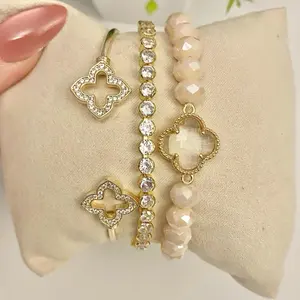 Bracelet Stack Includes Glass Clover Stretch Bracelet, CZ Tennis Bracelet and Gold Clover Cuff Bracelet - PinkFoam