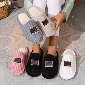 Women's thick-soled warm and soft indoor-outdoor floor slippers made of plush fabric, suitable for postpartum recovery.