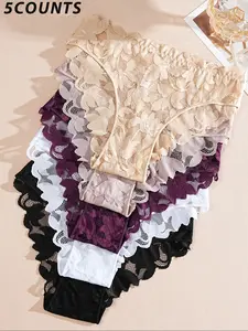 Women's Sexy Lace Underwear Set, Fitted Comfortable Breathable Panties, Multi-Color Hollow-Out Lingerie for Women's Daily Wear, Lace-Trim Panties