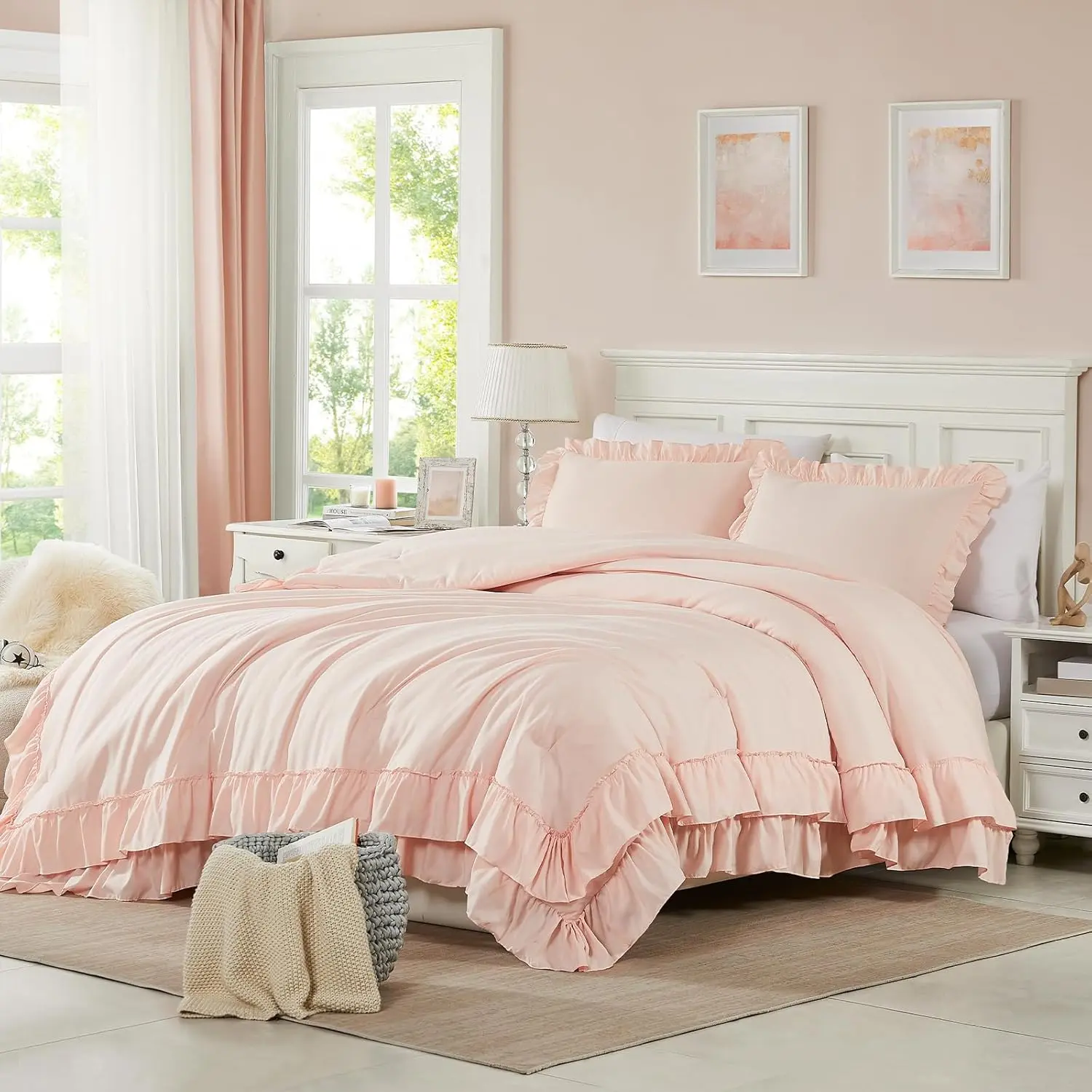 Blush Pink Comforter Set , 3 count Comforters  Size Ruffle Farmhouse Bedding Sets  with Comforter, Lightweight Soft Shabby Chic Bedding Comforter Set Fluffy for All Season