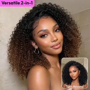 【 Turn-Around 】UNice Versatile 2-in-1 Black to Brown Ombre Kinky Curly Half Wig Glueless Human Hair Wigs for Beginners