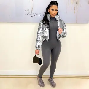 Autumn Winter Clothing Women Metallic Shiny Cropped Quilted Puffer Jacket Gold Silver Black Long Sleeve Stand Collar Zip Up Padded Down Coat Outerwear