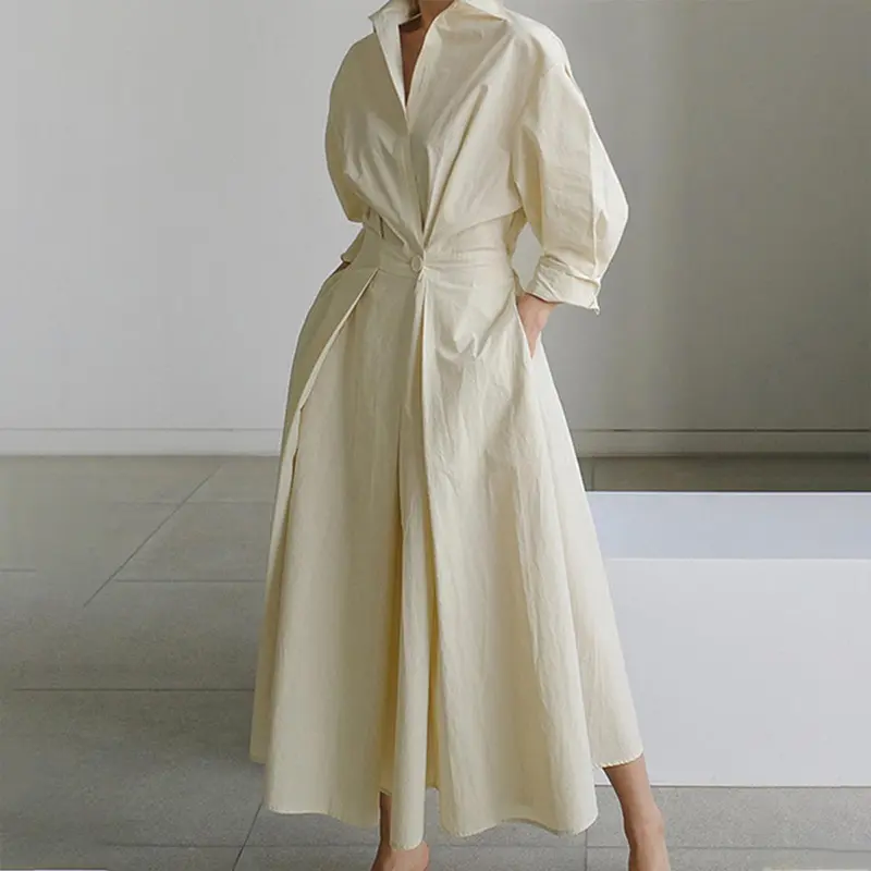 Women's Loose Solid-Color Lapel Midi Dress – Long Sleeve with Waist Design & Pockets, Modest Elegant Comfortable, Perfect for Commuting & Formal Occasions