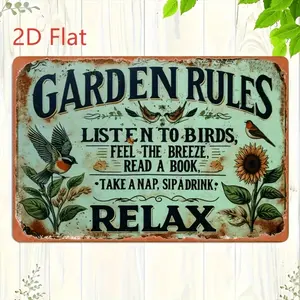 2D Flat, vintage Garden Rules Metal Sign, 8.0x12.0inch, Iron, Wall Hanging, Inspirational Outdoor Garden Art, Country Style, Multifunctional, English Language, No Battery Required, No Electricity Needed, 2D Flat Craft Effect, Suitable for Bedroom