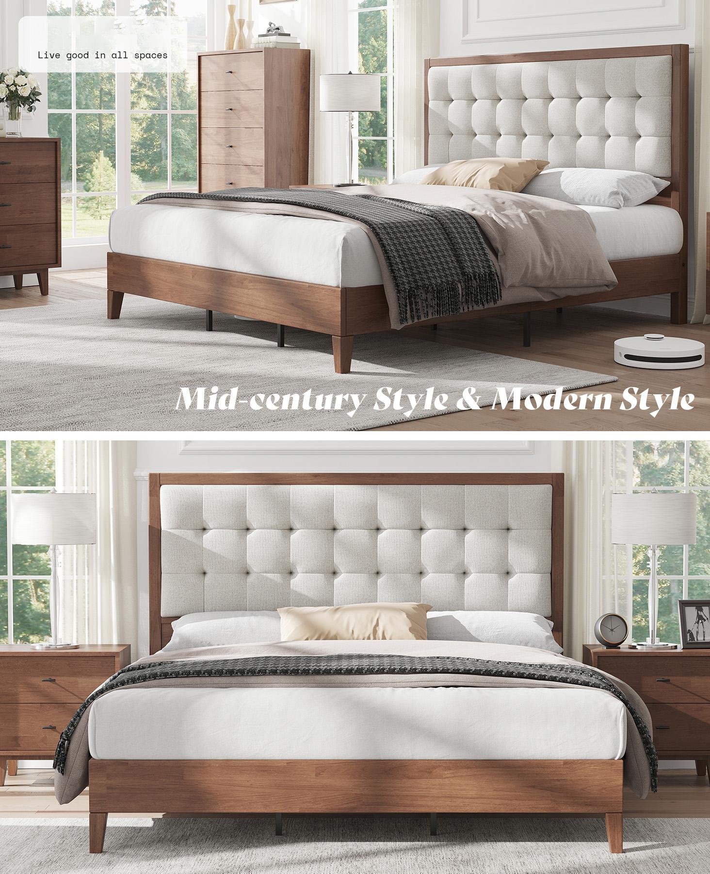 AMERLIFE Solid Wood Platform Bed Frame with Upholstered Tufted Headboard/Solid Wood Foundation, Pull-spot Tufted Handcraft, No Box Spring Needed, Bedroom Furniture/Best Gift Ideas/Christmas Gifts