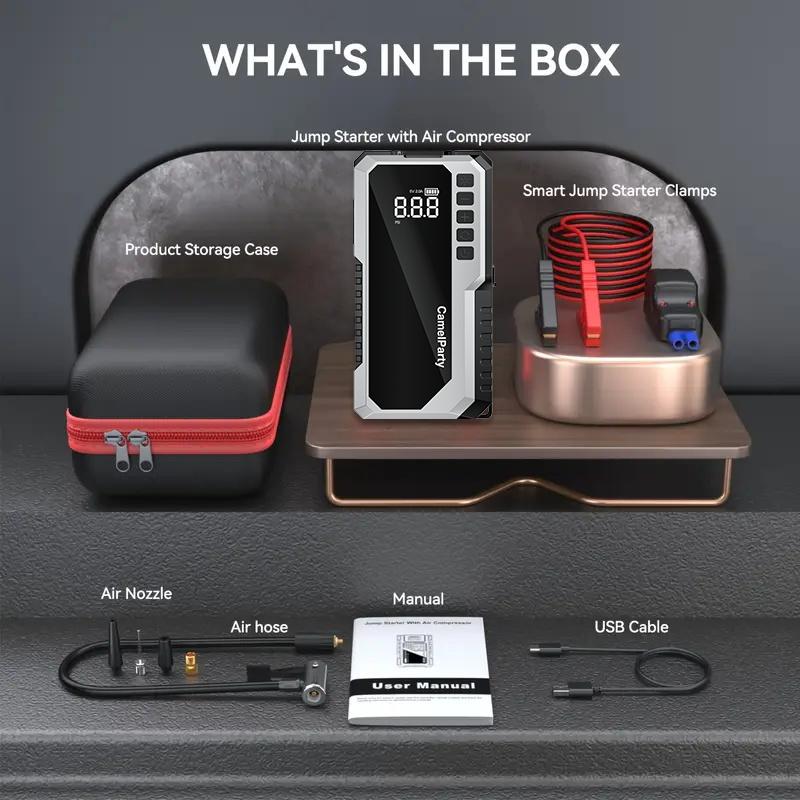 CamelParty 15000mAh portable power bank with LED lights, 4000A car battery starter, winter savior portable and safe to use, easy for women to get started and equipped with 150PSI tire inflation pump Car Power Supply jumper