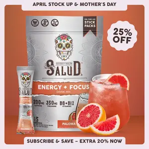 Salud 2-in-1 [Energy + Focus – Paloma] Clean Energy Drink Mix, Agua Fresca, Organic Caffeine, B6 & B12, L-Theanine, Drink Packets, Non-GMO, Gluten Free, Vegan, Low Calorie, 1g Sugar (15 Servings)
