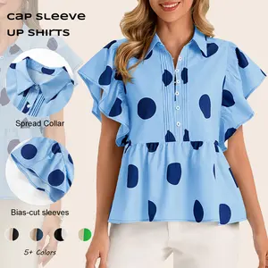 Imily Bela Womens Polka Dot Babydoll Tops Peplum Ruffle Cap Sleeve Blouses Summer Casual Half Button Up Shirts