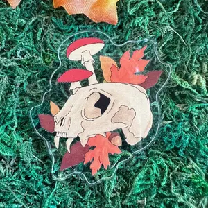 Feline Skull with Mushrooms & Fall Leaves Acrylic Pin (Almost Sold Out!)