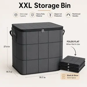 XXL Foldable Fabric Storage Bin with Zipper Lid, Reinforced Handles - Home Organizer for Bedding, Clothes, Closet