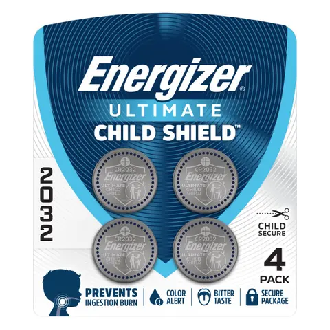 Energizer Ultimate Child Shield CR2032 3V Coin Lithium Batteries- Bitter Coating, Color Alert Technology, Ingestion Burn Protection, Child-Resistant Secure Packaging, 12 Years in Storage, for Caregivers, Remotes, Key Fobs