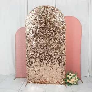 Set of 3 Rose Gold Round Top Fitted Backdrop Stand Covers, Big Payette Sequin, Shimmer Tinsel and Matte Spandex Wedding Arch Frame Covers