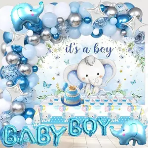 153pcs Elephant Baby Shower Decorations for Boy, Blue Balloon Garland Arch Backdrop Tablecloth Star Foil Balloon, Elephant Kid Birthday Baby Boy Shower Decor Party Supplies