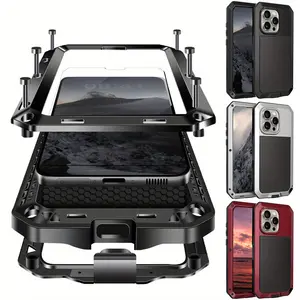 [KQ]Metal Case, Heavy Duty Shockproof Tough Rugged Case with Built-in Glass Screen Protector, 360 Full Body DustProof Protective Cover for iPhone 17Pro Max 15/14/13/12/15 Plus/14 Plus/12