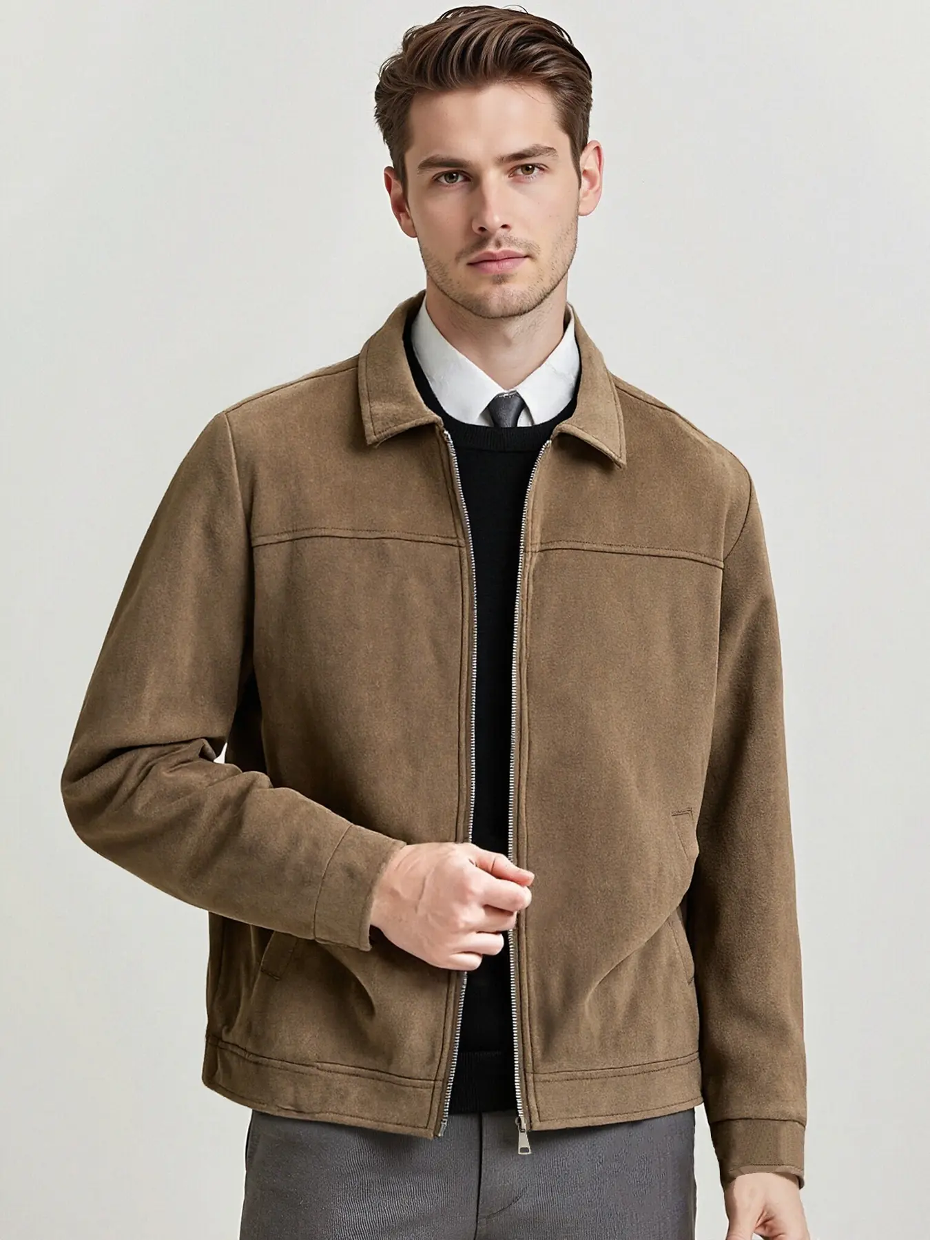 Men's Casual Jacket, Zipper Closure, Collar Design, Simple Versatile Light Business Style, Easy Care Faux Suede Fabric, Spring & Fall Coats