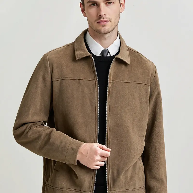 Men's Casual Jacket, Zipper Closure, Collar Design, Simple Versatile Light Business Style, Easy Care Faux Suede Fabric, Spring & Fall Coats