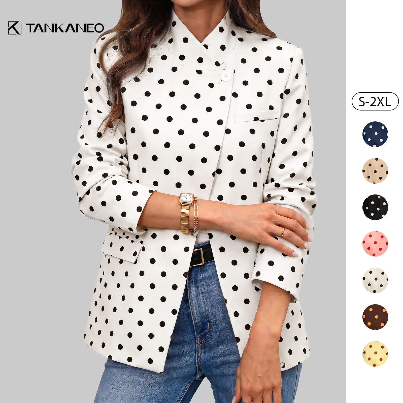 Tankaneo Women's Polka Dot Button Blazer Outerwear, Trendy Casual Long-Sleeve Open-Front Lightweight Coat for Business Work