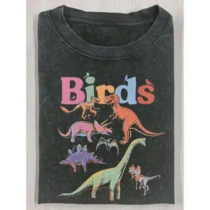 3D Artistry Store 1 Piece, Washed Printed T-Shirt 230g Bird World, High-Quality Batik Cotton Retro Fashion T-Shirt, Suitable Thickness for Summer T-Shirt, Holiday Gift