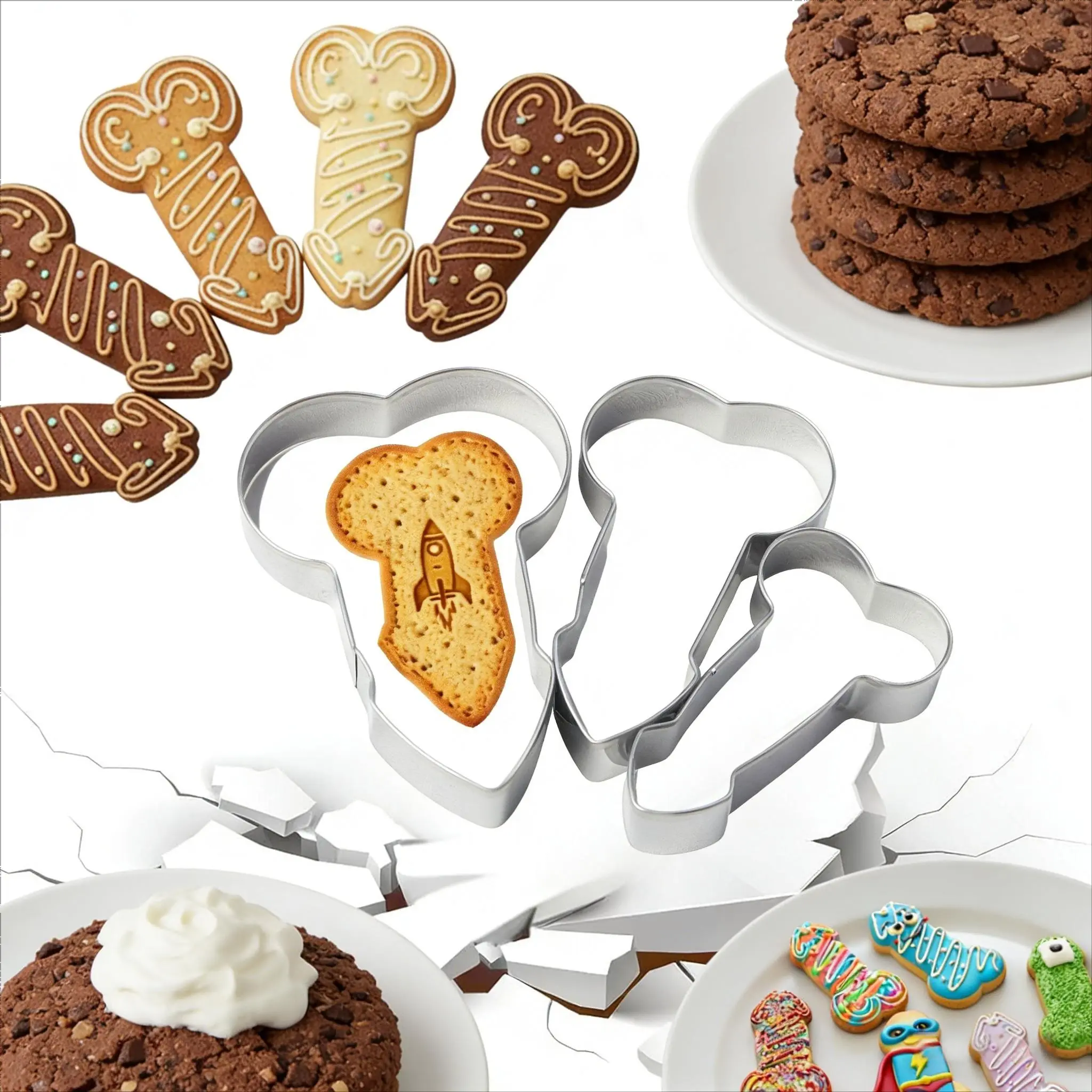 3Pcs Creative Cookie Cutters Set, Stainless Steel Funny Rocket-shaped Biscuit Molds Kitchen Supplies, Party and Holiday DIY Treats, Halloween Christmas Cocktail Party Supplies