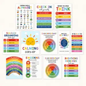 12-Piece Calming Classroom Posters Set, 10x14 Laminated Educational Posters for Kids, SEL Tools, Coping Skills, Emotional Regulation, Positive Affirmations, Grounding & Breathing Exercises, Colorful Rainbow Wall Display for Classroom or Home