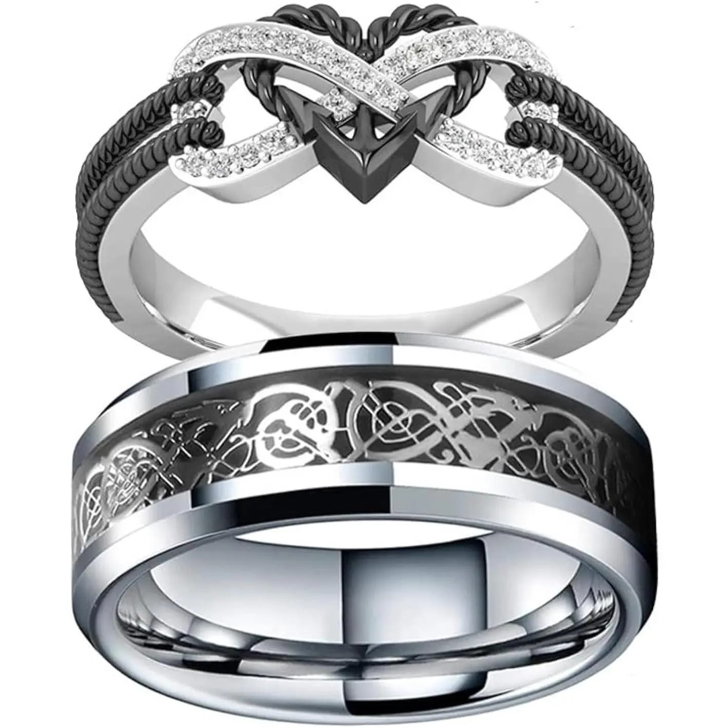 Infinite Love Heart Shaped Ring Set for Her and Him Silver Celtic Dragon Ring Matching Lover Couple Rings for Wedding Bands Anniversary Engagement Promise Rings Bridal Sets