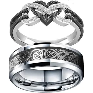 Infinite Love Heart Shaped Ring Set for Her and Him Silver Celtic Dragon Ring Matching Lover Couple Rings for Wedding Bands Anniversary Engagement Promise Rings Bridal Sets