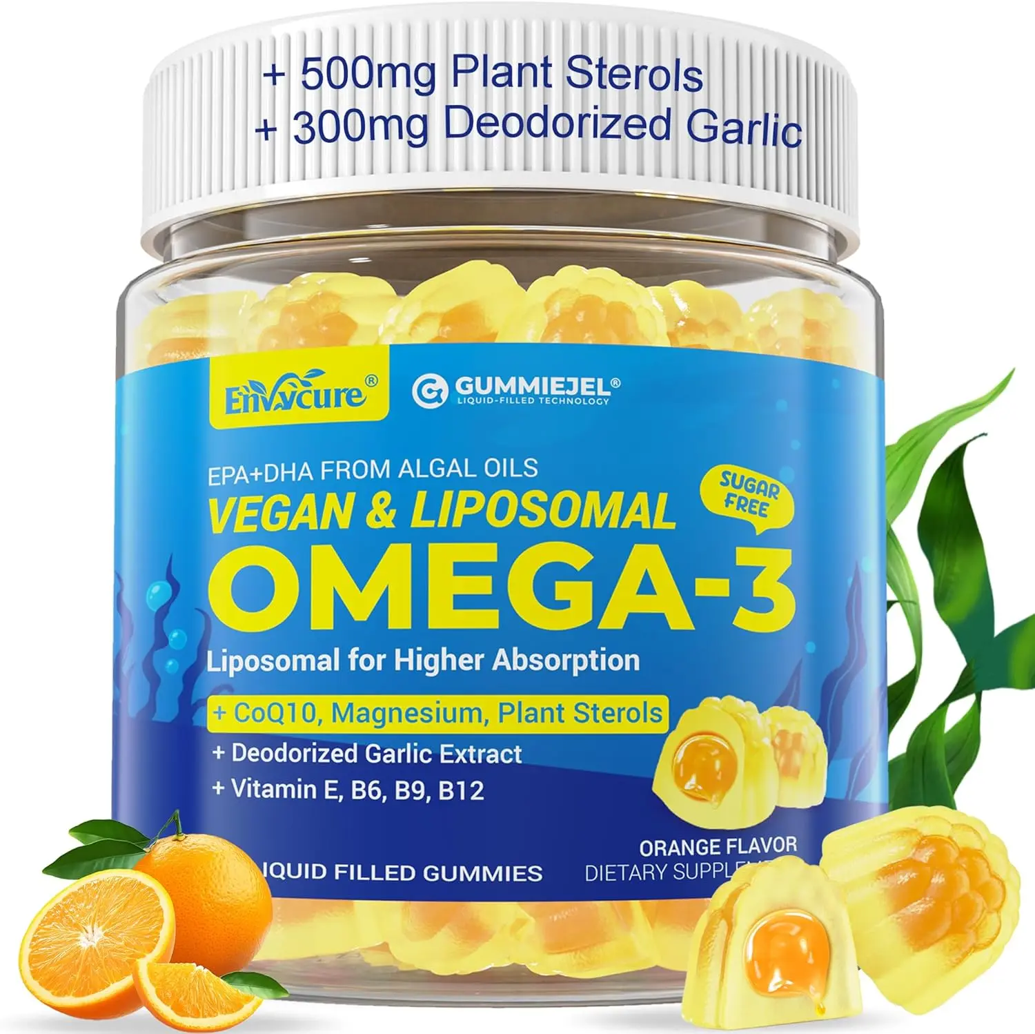 Vegan Omega-3 Gummies 1000mg with CoQ10 and Magnesium - EPA 600mg and DHA 400mg - Plant-Based Algae Alternative for Women and Men - Liposomal Form with Plant Sterols, Garlic, B6, B9 and B12 - Sugar Free Formula