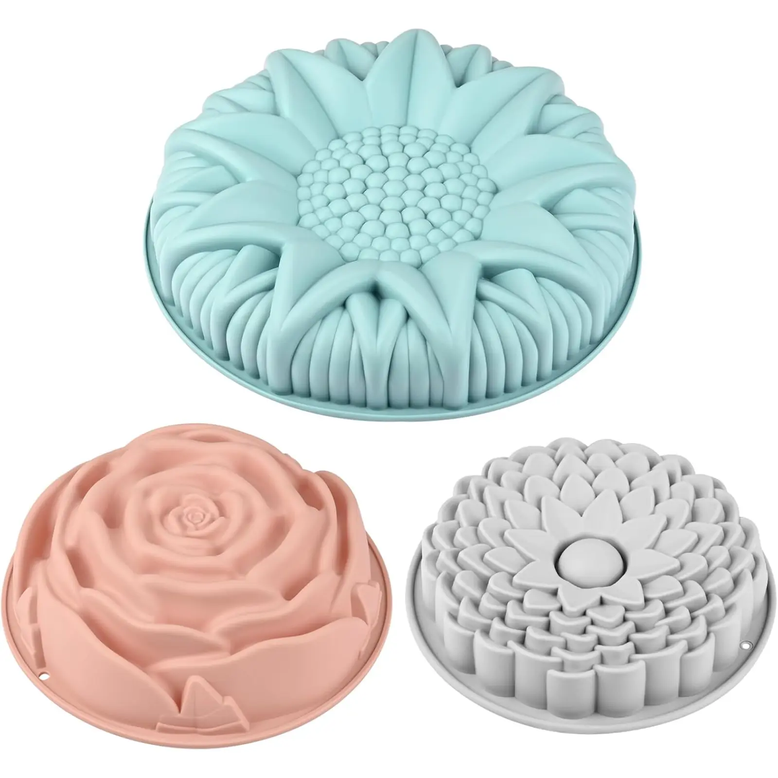 3-Pack Silicone Cake Mold Set - Large Round Flower-Shaped Pans (Rose, Chrysanthemum, Sunflower), Easy to Clean, for Cakes, Breads, Silicone Cake Pan