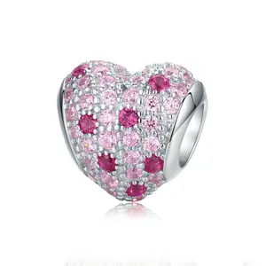 Sparkling Pink Crystal Pave Heart Charm for European Bracelets