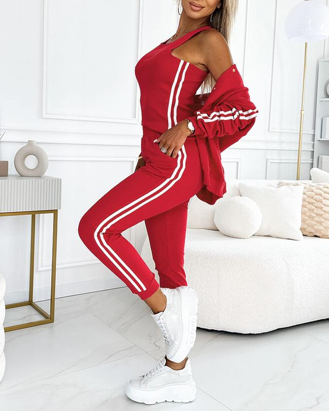 2026 Spring ChicMe Women's 3 Piece Outfits Matching Sets Striped Tape Patch Tank Tops Button Front Jacket Cuffed Pants with Pockets Tracksuit Comfort Womenswear