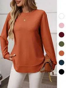 Women's Spring Autumn New Loose Fit Knitted Long Sleeve T-Shirt, Breathable Elastic Waffle Texture, Casual Street Style, Home & Commute Wear Top, Womenswear, Knitwear, Aesthetics