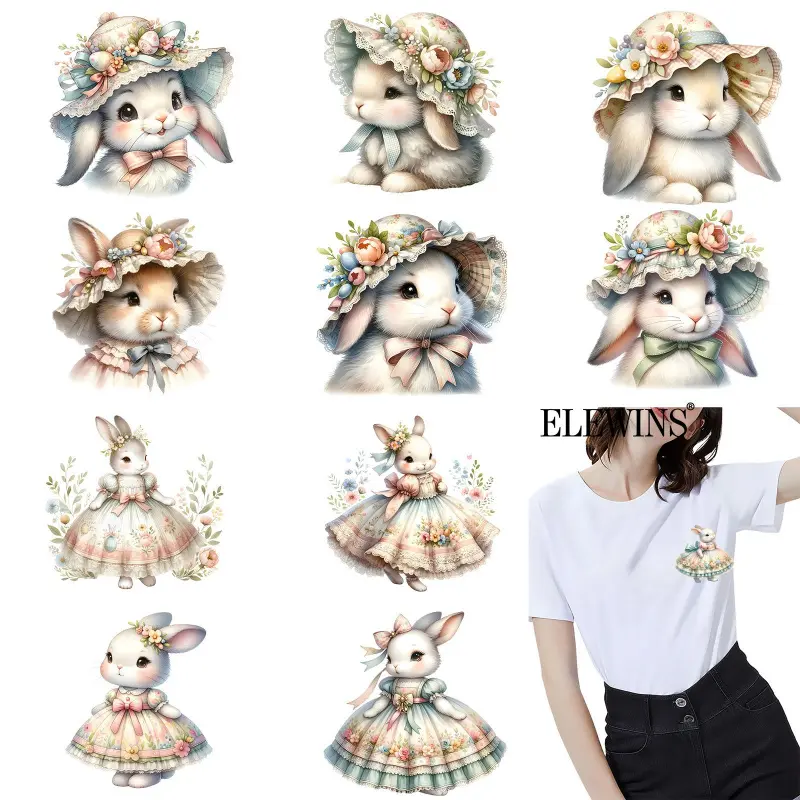 12 pieces of Easter Bunny Retro Heat Transfer Stickers, Iron-on Patches, Hot Transfer Stickers, Decals for DIY T-Shirts, Jeans, Backpacks, Home Clothing, Hat Decorations, and Appliques