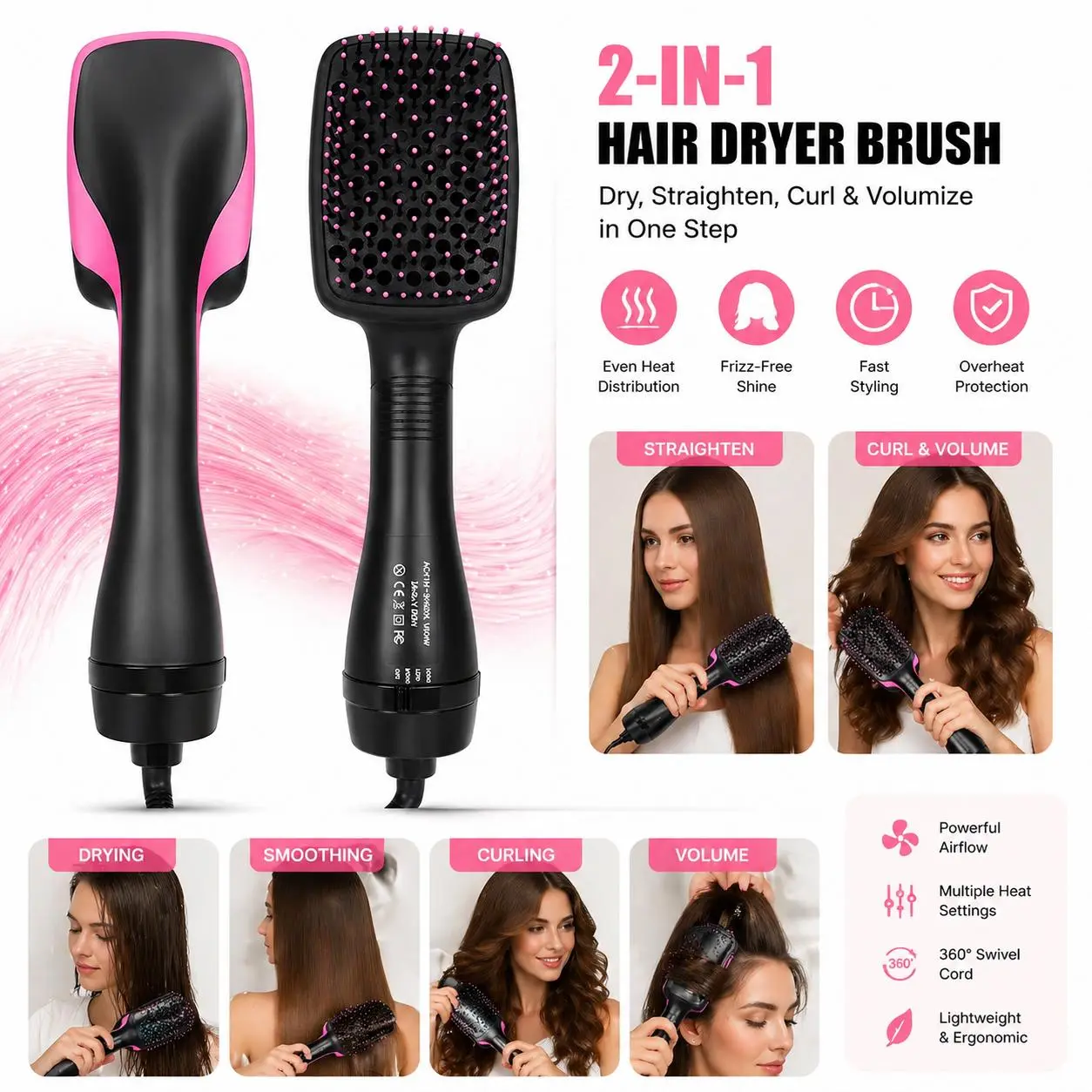 2-in-1 Hair Dryer Brush, Hot Air Brush for Curling & Straightening, Volumizing Blow Dryer Brush for Fast Styling #SummerVibes