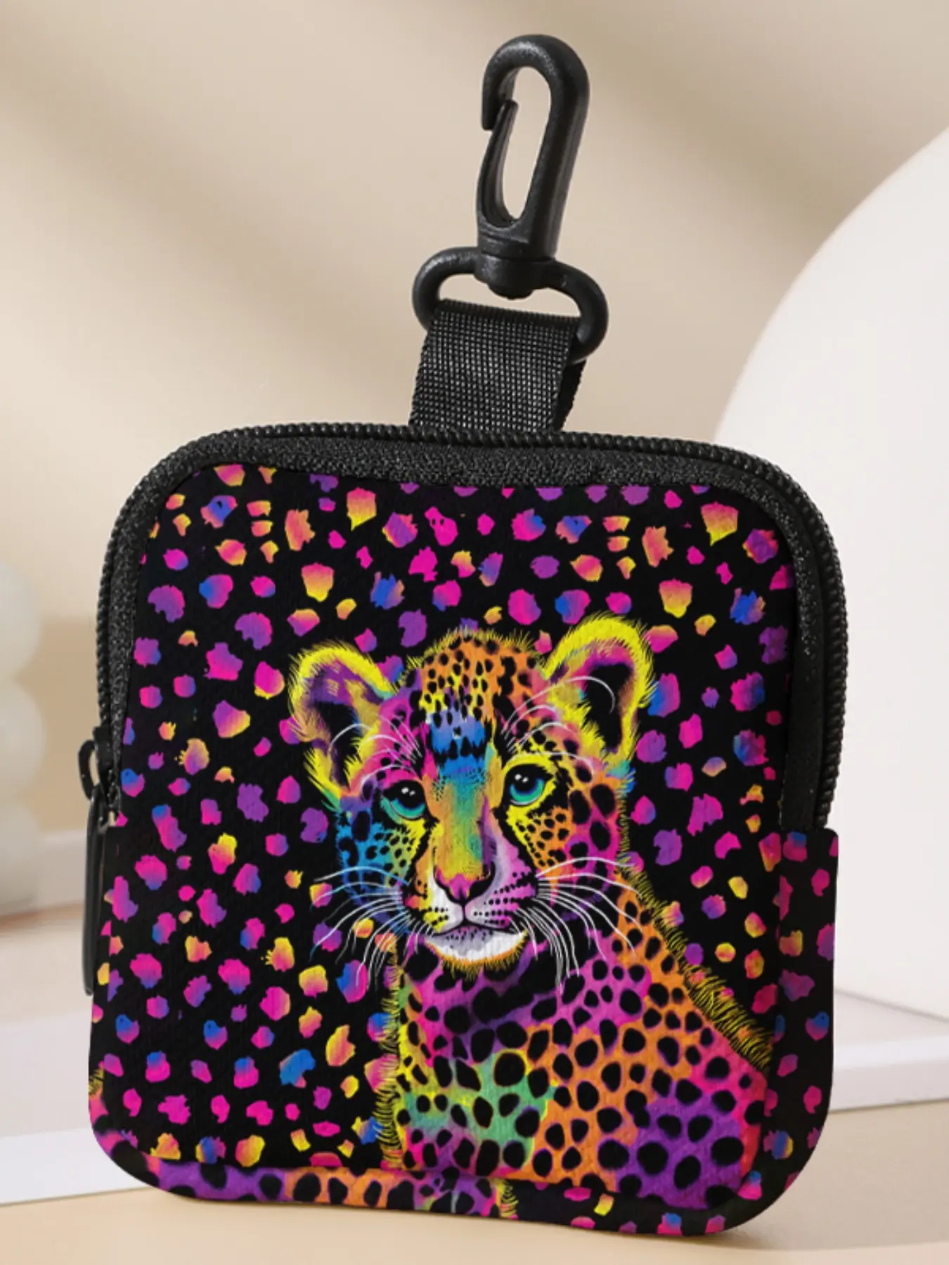 Cheetah Pattern Printed Coin Wallet, Multifunctional Storage Bag, Durable Polyester, Digital Printing, Key Card Holder, Ideal Gift