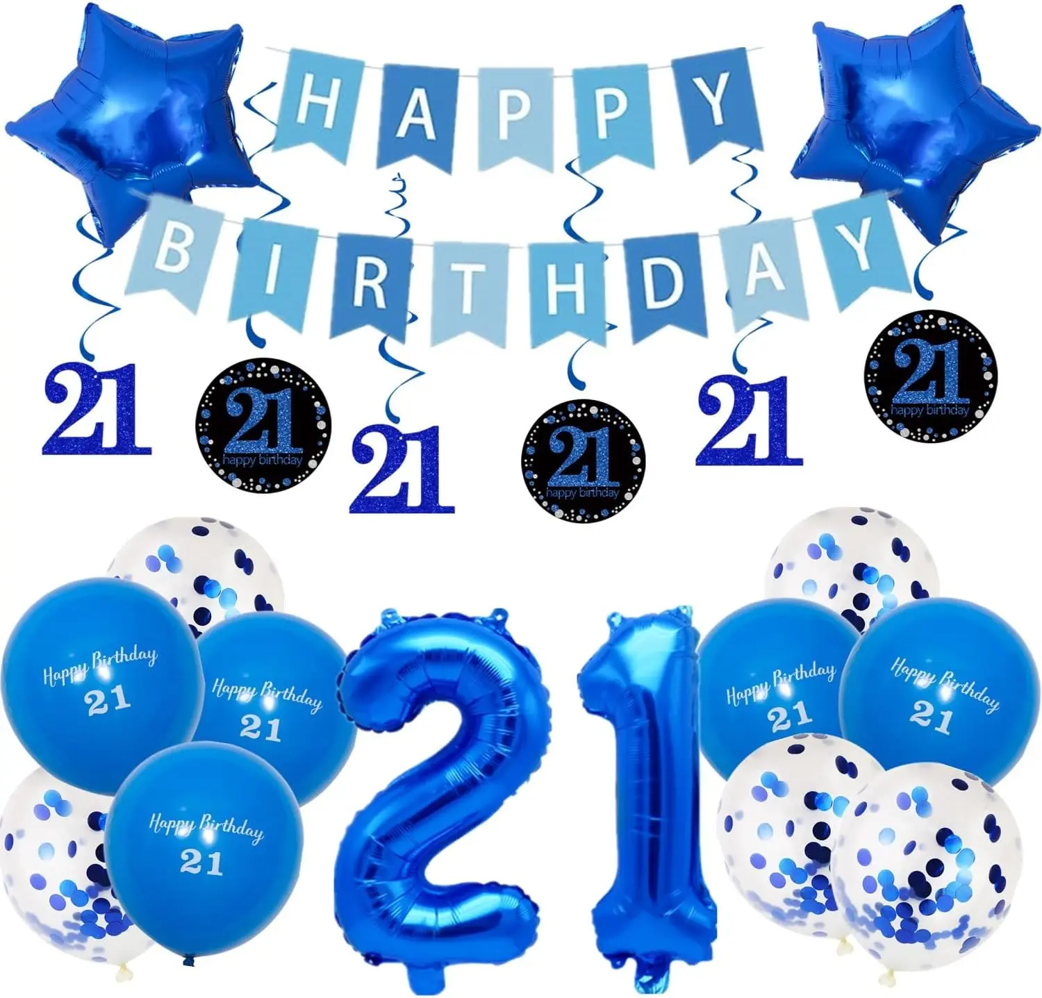 21st Birthday Party Decorations for Boys Girls Men in Blue Comprise Balloons with Swirl Decorations, A Happy Birthday Banner, A Set of 16-Inch "21" Numbers and  Foil Balloons in Blue