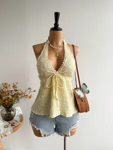 Sable x Rusttydustty Women's Backless Bohemian Style Halter Neck Top For Vacation And Music Festival Summer