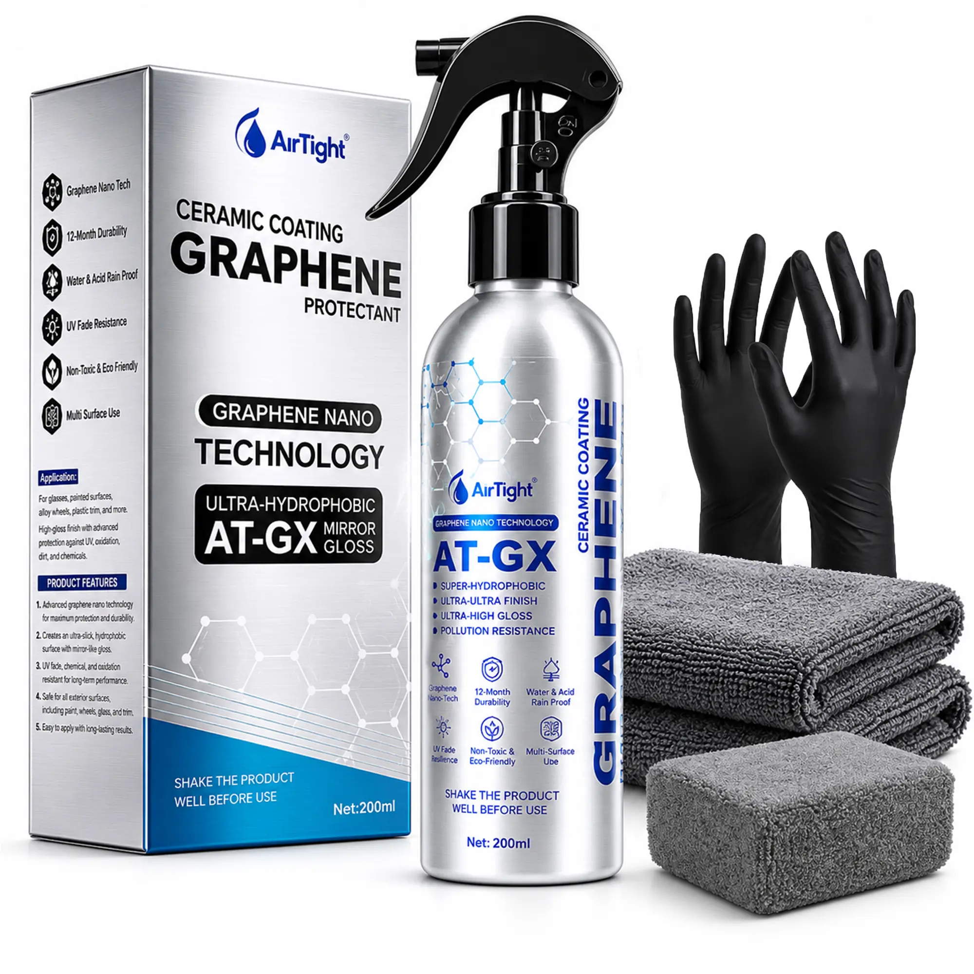 AirTighT Advanced Graphene Ceramic Coating 200ml AT-GX Nano Protectant Long-Lasting High Gloss Waterproof Professional DIY Car Paint Care Kit for Cars