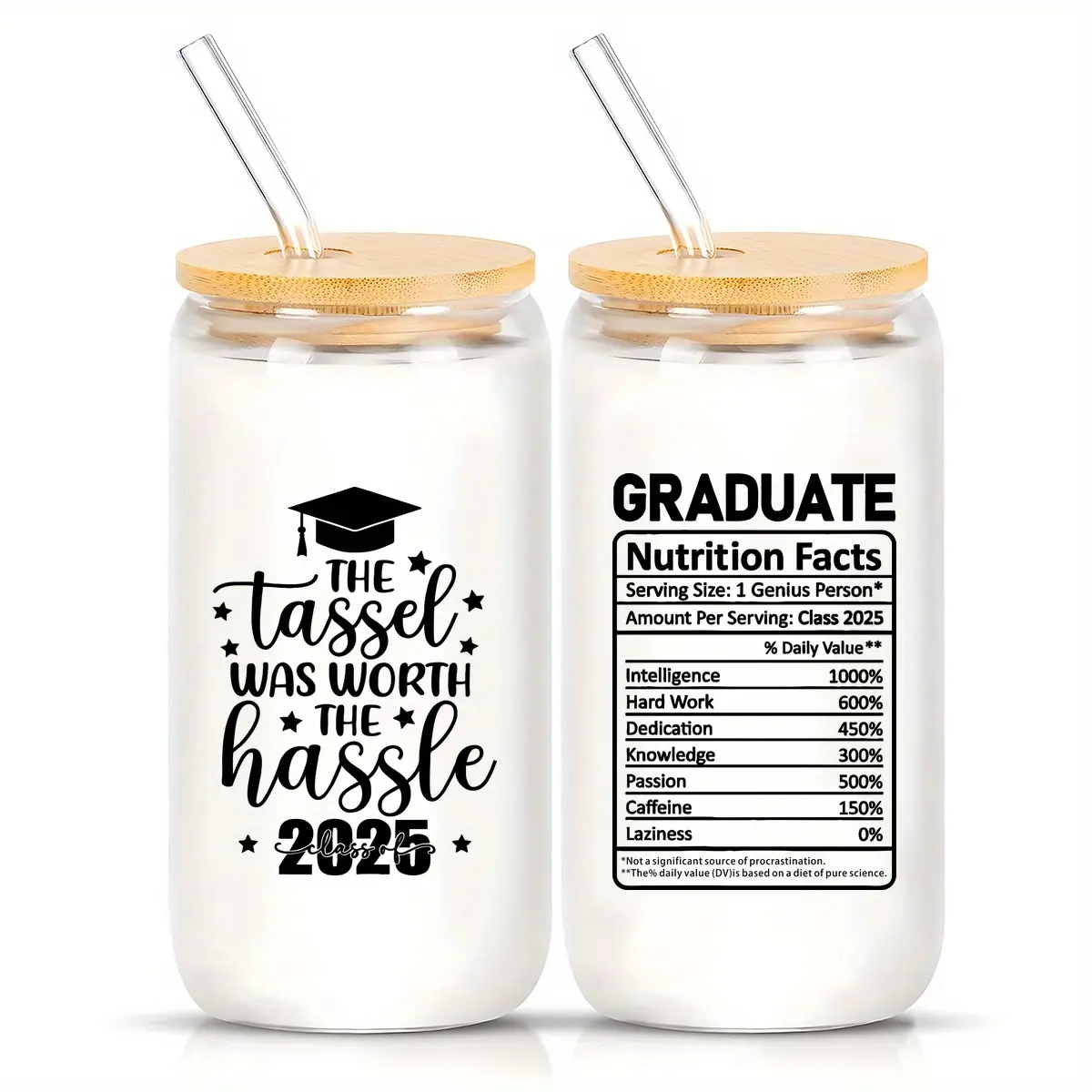 Graduation Gift Set, Stylish Glass Cups, High Borosilicate Glass Cup with Straw & Brush, Unique Bachelor Cap Design, Ideal for Coffee & Tea, Safe & Practical