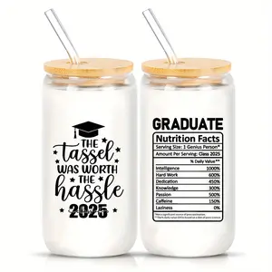 Graduation Gift Set, Stylish Glass Cups, High Borosilicate Glass Cup with Straw & Brush, Unique Bachelor Cap Design, Ideal for Coffee & Tea, Safe & Practical