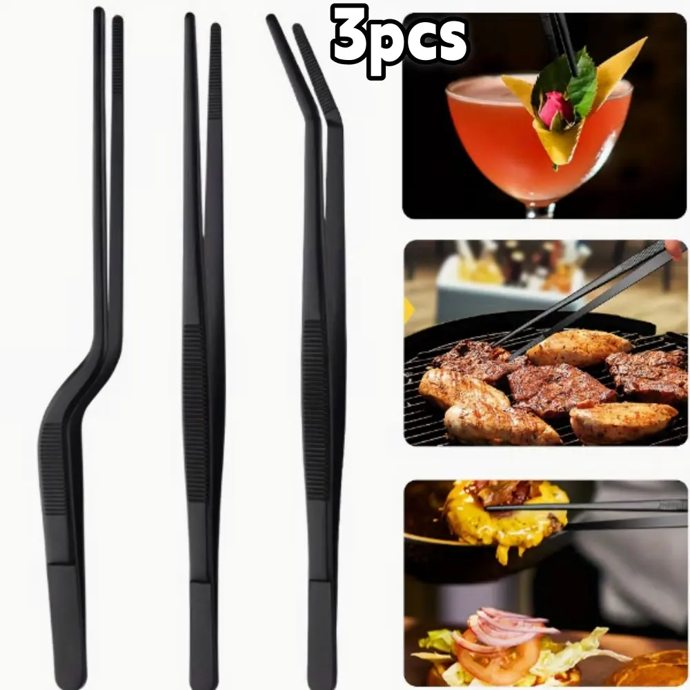 3pcs Black Cooking Tweezers Set, 12-Inch Long Stainless Steel Utensils with Fine Tip for Professional Plating, Decorating, and BBQ