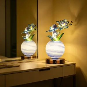 LED Tulip & Orchid Artificial Flower Night Light with Ceramic Vase - USB Rechargeable Aesthetic Bedside Lamp, Unique Home Office Desk Decor & Mood Lighting Gift
