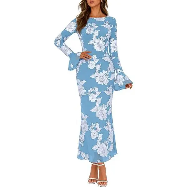 MEROKEETY Women's Floral Wedding Guest Cocktail Maxi Dress | Ruffled Bell Long Sleeve, 2026 Fall Mesh Dress, Crew Neck, Lined, Bodycon, Prom Homecoming Clothes, Formal Elegant Outfits